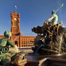 Neptune Fountain and Red City Hall in the evening light, Berlin Mitte, Berlin, Germany, Europe