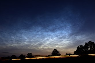 Noctilucend Clouds, NLC in the night sky, S-Bahn in the foreground, Berlin, Germany, Europe