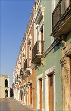 Row of historic Spanish colonial buildings Campeche city centre, Campeche State, Mexico, Central