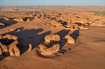 Elephant Rock or Elephant Rock, blue hour, aerial view, AlUla, Medina Province, Saudi Arabia,