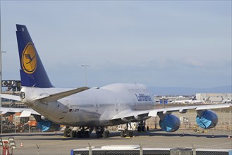 Airport during the corona crisis parked Lufthansa boeing 747, Frankfurt am Main, Hesse, Germany,