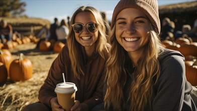 Happy young friends enjoying the fall pumpkin harvest festivities outside, generative AI