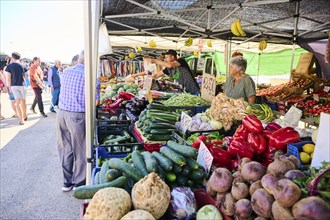 Market stall with fruits and vegetables on a weekle market near Tarragona, Catalonia, Spain, Europe