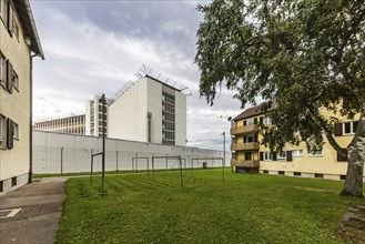 Stammheim Prison, JVA, exterior view of the maximum security prison with prison wall, Stuttgart,