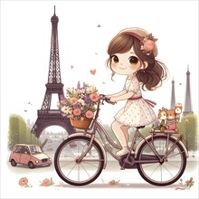 Cute anime girl on bicycle with flowers in Paris. AI generated