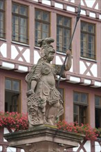 Minerva Fountain with figure, knight and lance, Römerberg, Old Town, Main, Frankfurt, Hesse,