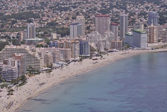 Calp and the Playa Levante beach from the rock Peñón de Ifach or Penyal d’Ifac, Costa Blanca, Calp,