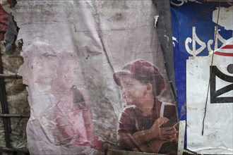 Detail of a makeshift dwelling made of plastic sheeting and bamboo sticks, Tejgaon Slum Area,