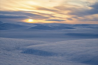 Arctic landscape in winter, snow-covered fell landscape, Varanger Peninsula, Finnmark, Northern