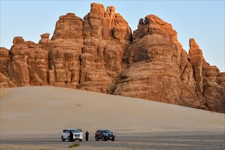 Tourists on a jeep safari in the Ashar Valley, near AlUla, Medina Province, Saudi Arabia, Arabian