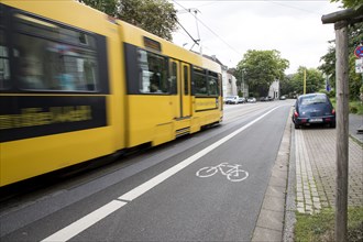 Cycle lane in Essen, cyclists have their own lane on a city centre street, Essen, North