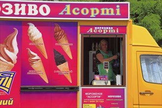 Ukraine, city of Kiev, colourful mobile soft ice cream stall, Europe