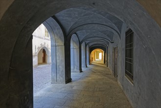 Deserted medieval arcade, Saluzzo, province of Cuneo, Piedmont, Italy, Europe