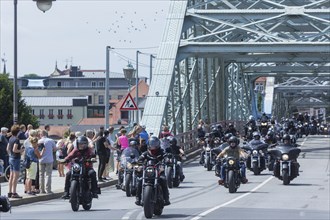 Harley Days Dresden, big ride through the city, here at the Elbe bridge Blaue Wunder