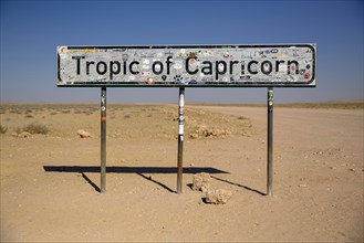 Sign Tropic of Capricorn, near Kuiseb Canyon, Erongo region, Namibia, Africa