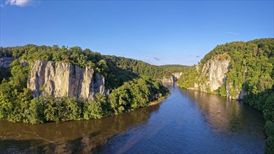 Aerial view, Danube breakthrough, also Weltenburg narrows, the Danube makes its way in a narrow