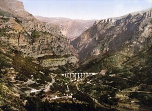 Gourdon, Bridge over the Wolf Gorge, Grasse, Provence-Alpes-Côte d'Azur, France, c. 1890, Historic,