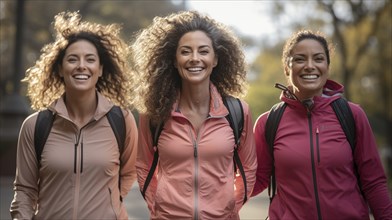 Happy Mixed-race female friends enjoying a healthy run in the park together. generative AI