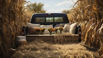 Vintage truck bed filled with fall themed decorations and pillows, generative AI