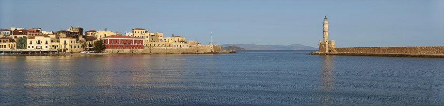 Panorama shot, Venetian old town, Venetian harbour, Venetian lighthouse, calm sea, blue sea,