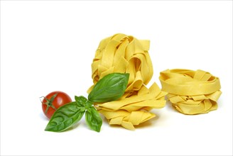 Fettucine dyed with saffron, with tomato and basil, noodles, pasta, ribbon noodles