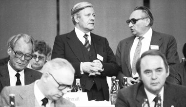 SPD Party Congress April 1982.Helmut Schmidt, Egon Bahr, Willy Brandt left, Germany, Europe