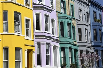 Colourful house facades on Lancaster Road, detail, Notting Hill, London, England, United Kingdom,