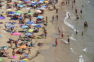 Many tourists at the beach, Playa Levante, Benidorm, Alicante province, Costa Blanca, Spain, Europe