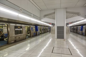 PATH Port Authority Trans-Hudson commuter train at the World Trade Centre WTC station in New York,