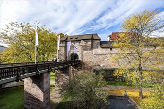 Bridge at Frauentor, Old City Wall at Handwerkerhof, in autumn, Nuremberg, Middle Franconia,