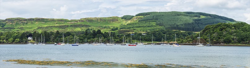 Panorama of Boats in Ardentallan Bay, Loch Feochan, Oban, Argyll and Bute, Scotland, UK