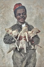 Negro boy with piglets for good luck. Art supplement in the Zur Guten Stunde 1897, after a painting