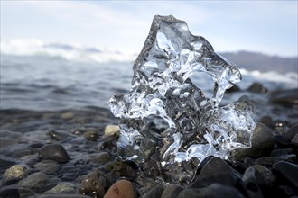 Ice, piece of ice with hole on black gravel beach, glacier lagoon Jökulsárlón, glacial lake,