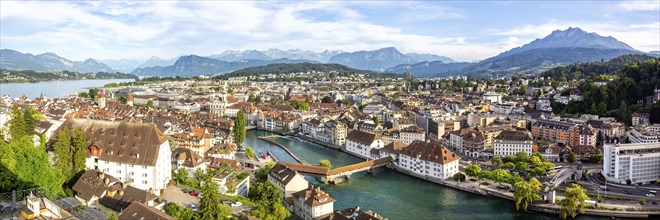 Lucerne city on the river Reuss with Spreuerbrücke and Lake Lucerne panoramic view from above in