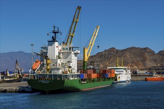 Cargo ship in harbor. San Vincente. Mindelo. Cabo Verde. Africa