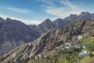 Mountain village in rock vegetation on island San Antao. Cabo Verde. Africa