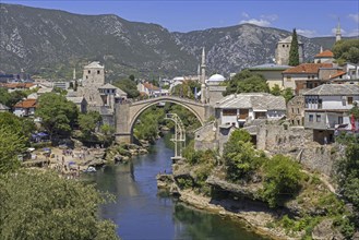 Stari Most, 16th-century Ottoman bridge over river Neretva in the old historic city Mostar,