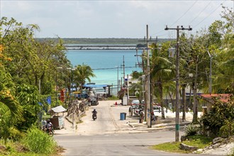 Untidy crowded landscape view down to water, Lake Bacalar, Bacalar, Quintana Roo, Yucatan