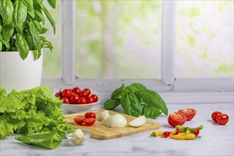 Fresh vegetables on a board, salad ingredients, tomatoes, lettuce, basil, pepperoni, onion, garlic,