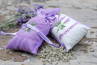 Lavender scented bags (Lavandula angustifolia) and lavender flowers, Provence, South of France,