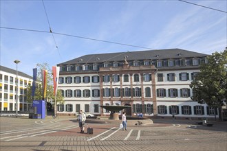 Regional Council, collegiate building built 1777 -1780 with state flag, EU flag, national flag,