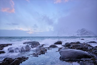 Beach of Norwegian sea on rocky coast in fjord on sunset in winter. Vareid beach, Lofoten islands,