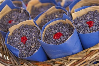 Market sale, basket of dried lavender, weekly market market, Sault, Vaucluse department in the