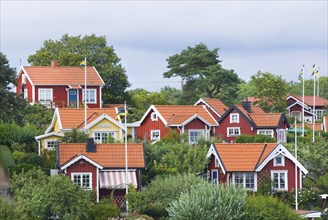 Typical settlement with wooden houses, Swedish house, red, sea, holiday home, holiday in