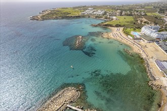 Laourou Beach in Coral Bay seen from the air, Cyprus, Europe