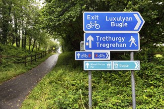 Blue road signs, cycle route in the rain, National Cycle Route 3, long-distance cycle route,