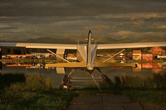 Seaplane airport overlooking Chugach mountain range, Lake Hood, Anchorage, Alaska, USA, North