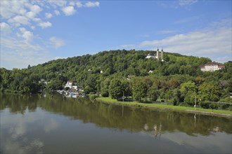 View of the Käppele pilgrimage church built by Balthasar Neumann and reflection in the Main River,