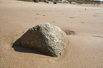 Stone at low tide on the beach at Plévenon, Côtes-d'Armor, Brittany, France, Europe