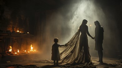 Ghostly mother, father and child holding hands inside smoky burning manion room, generative AI